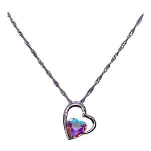 Imitation Silver Iridescent Rhinestone Gemstone Two Hearts In One Necklace